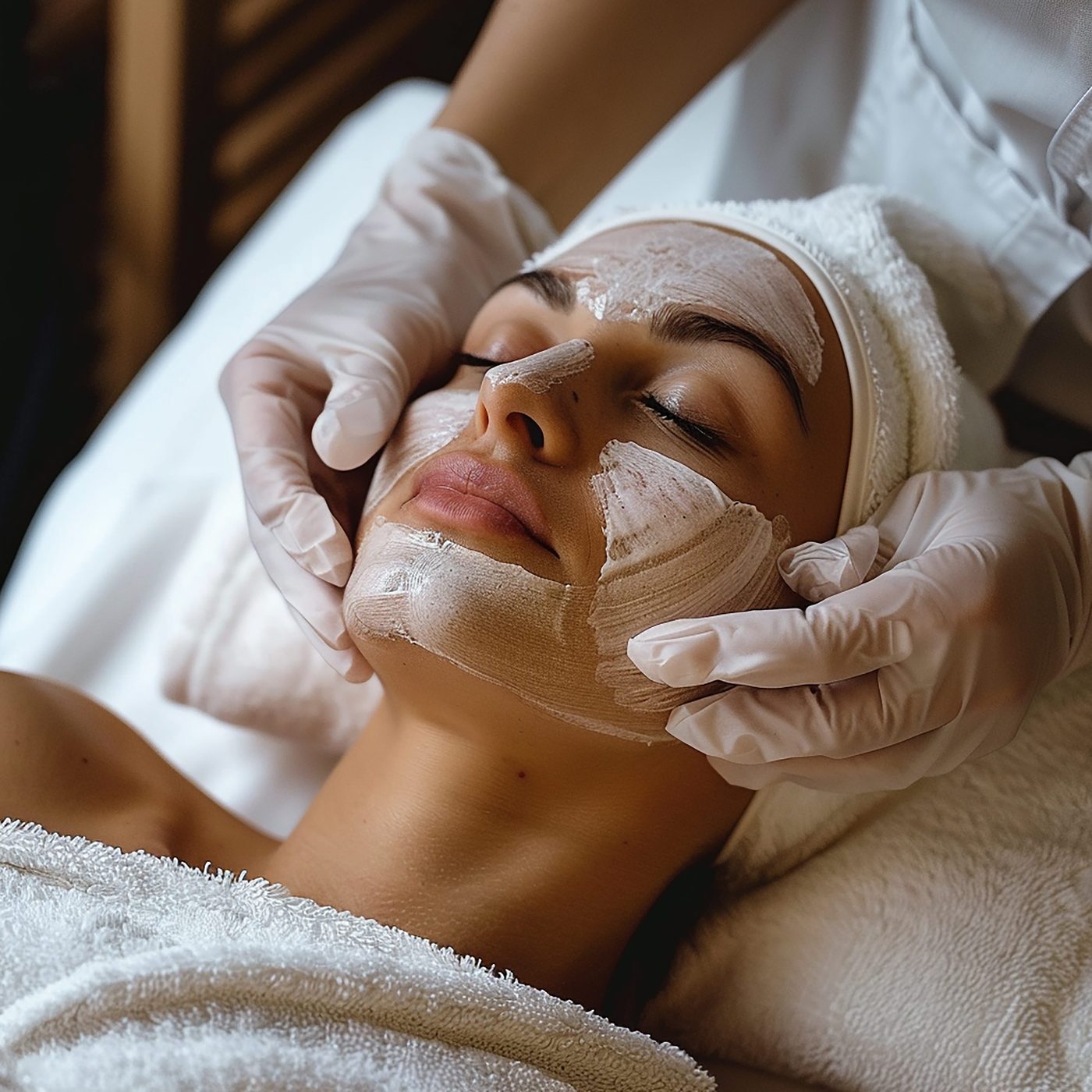 Esteticista aplicando máscara de limpeza de pele no rosto da paciente
